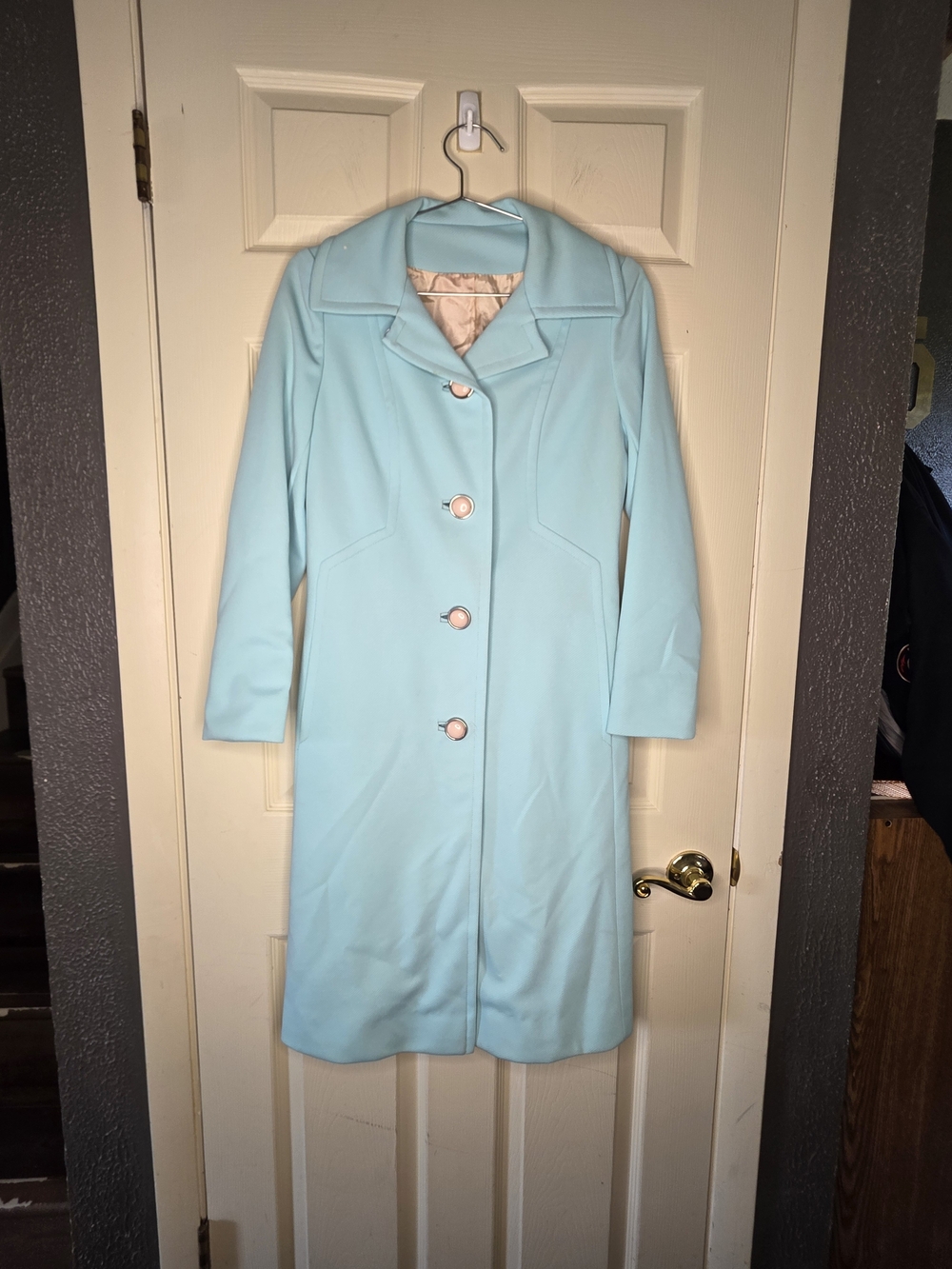 VTG 60s 70s Fashionbilt Pastel Blue Wool Trench Coat Dress Jacket ILGWU Small